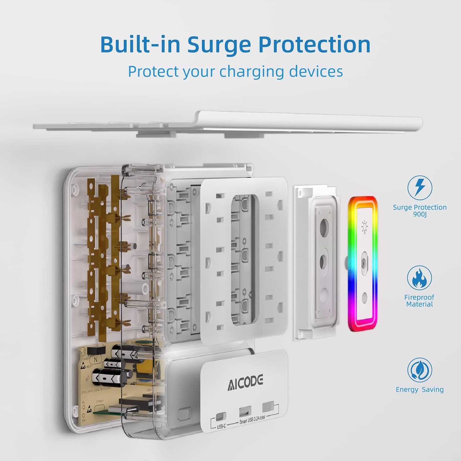 Outlet Extender with USB C, AICODE Multi Outlet Surge Protector with Nightlight, 6 Outlet Wall Plug with USB (3 USB A and 1 USB C),Wall Mount Multiple Plug Outlet Power Strip for Home,Dorm, Office