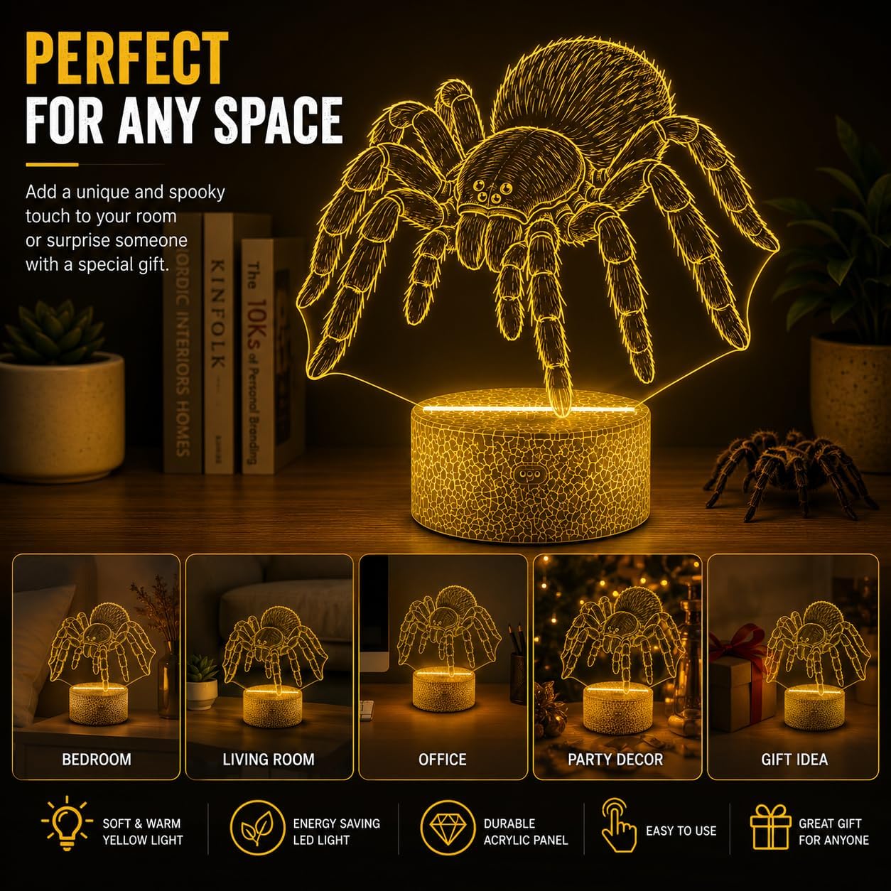 NextBatch 3D Illusion Lamp Light Spider Tarantula LED Neon Sign Acrylic 16 RGB Colors USB and Battery Powered Spooky Scary Halloween Desk Table Room Decor Decoration image 5