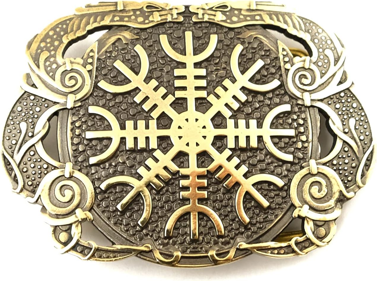 Helm of Awe belt buckle, Viking Helm of Terror Old Norse Scandinavian Pagan solid brass belt buckle, Aegishjalmur with dragons buckle