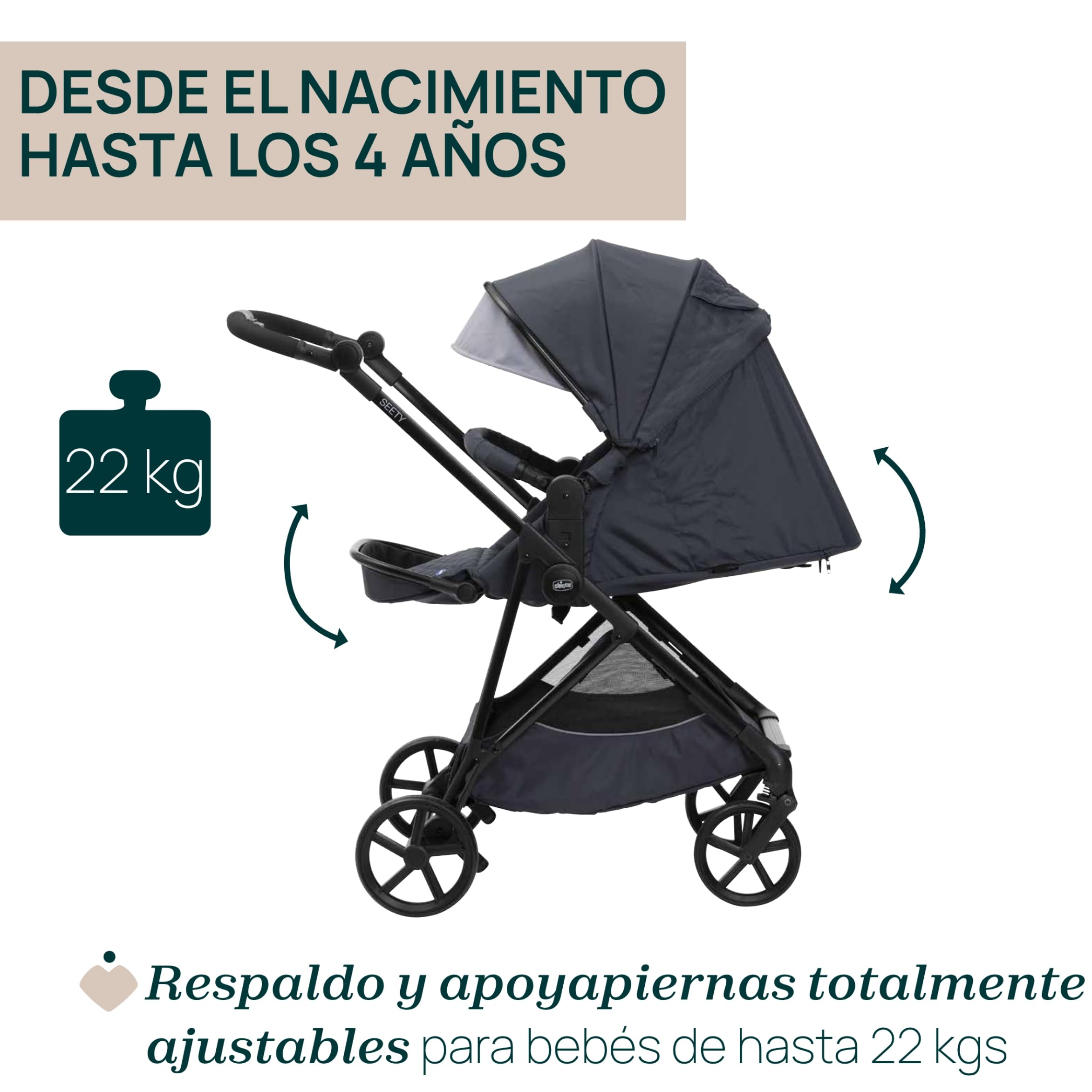 Chicco Cochecito Seety, Cochecito Ligero y Compacto, Desde 0 Meses hasta 4 Años, Capacidad Máxima 22 kg, Cochecito Plegable, Respaldo Reclinable, Cierre Automático en 1 Gesto, Capota Parasol