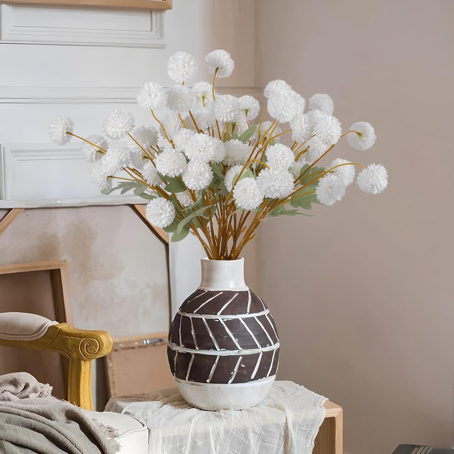 Hananona 12 Pcs Artificial Kiku Flowers, Fake White Chrysanthemum Pom Pom Mums Flower Faux Floral Arrangements Wedding Centerpiece for Fall Home Kitchen Decor (12, White) - Image 6