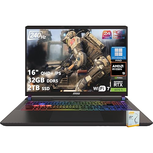 msi Vector 16 HX AI Gaming Laptop | 16" QHD+ IPS 240Hz | AMD 16-Core Ryzen 9 Up to 5.3 GHz | 32GB DDR5 2TB SSD | GeForce RTX 5070 Ti (Up to 992 AI Tops) | RGB Backlit Win11 Pro w/DLCA Accessory