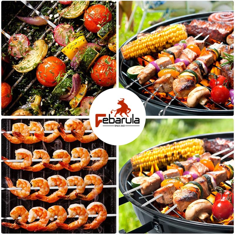 Febarula 10-Pack Stainless Steel Skewers for Grilling, 17-Inch Flat Blade with Angled Tips, Non-Rust Heavy Duty Metal Kabob Sticks, Perfect for BBQ, Oven, Camping, and Evenly Cooking Meat/Vegetables