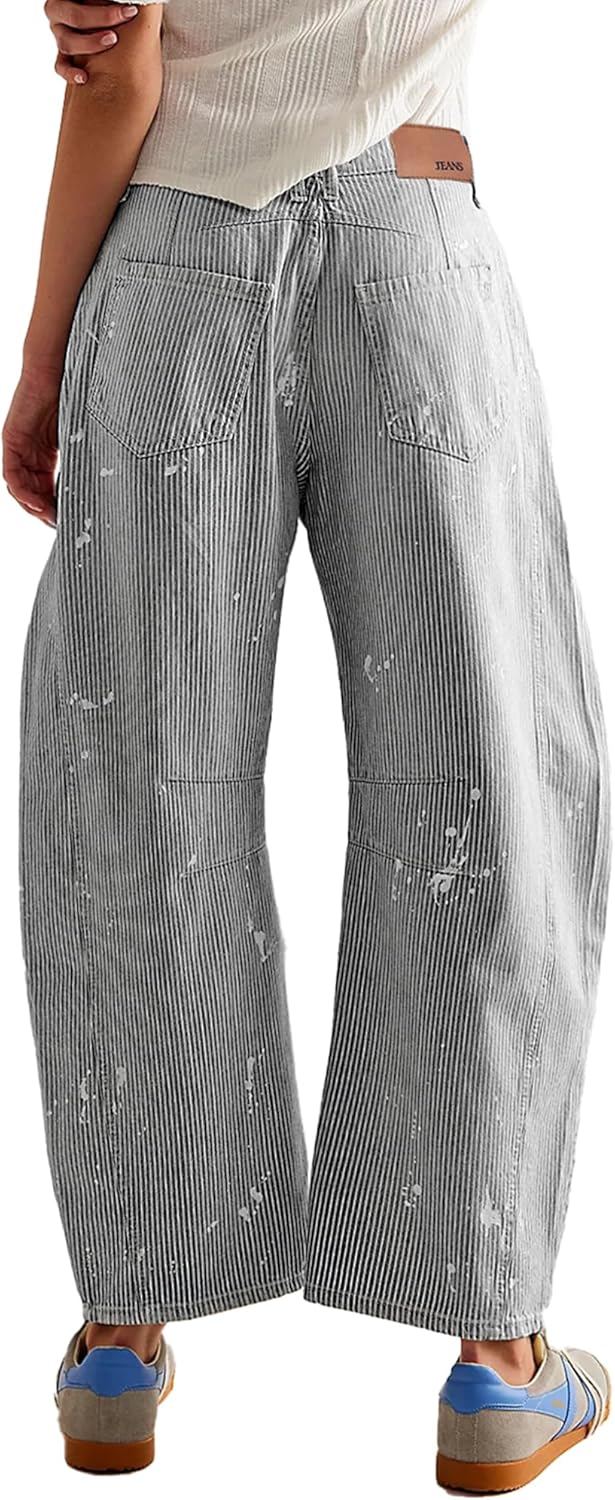 Striped Barrel Jeans for Women Trendy Cropped High Waisted Wide Leg Loose Denim Pants 2026 - Image 3