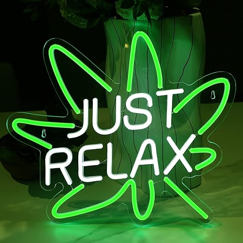 ATOLS Letrero de neón Just Relax para decoración de pared, letrero de neón de hoja de marihuana, decoración de habitación Trippy para fumetas,