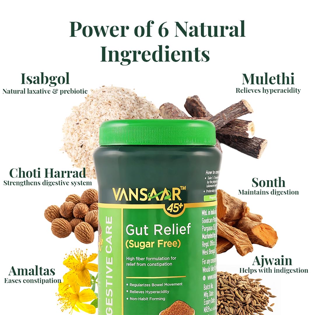 Vansaar 45+ Isabgol Gut Relief (Sugar free) 200g| Relieves Constipation, Gas & Bloating| Enriched with Isabgol Psyllium Husk & 6 Proven Ayurvedic Herbs for Gut Health| Gentle Laxative,Non-Habit forming 1
