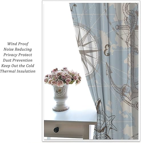 Miniatura 5 de Cortinas opacas de faro, concha náutica marina, brújula, ancla de mar, impresión artística azul para dormitorio, baño, sala de estar, decoración con