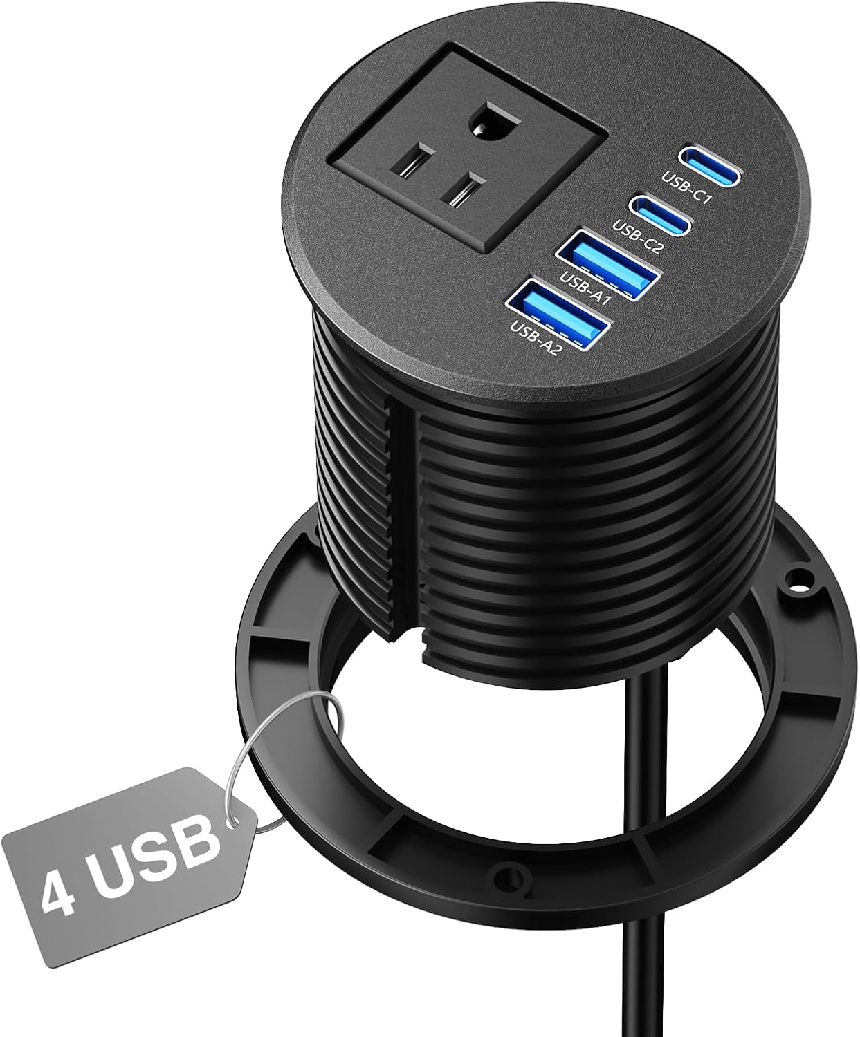 2.5 inch Desk Power Grommet Outlet 2 USB C 20W, 2 USB-A 18W, 6FT Cord
