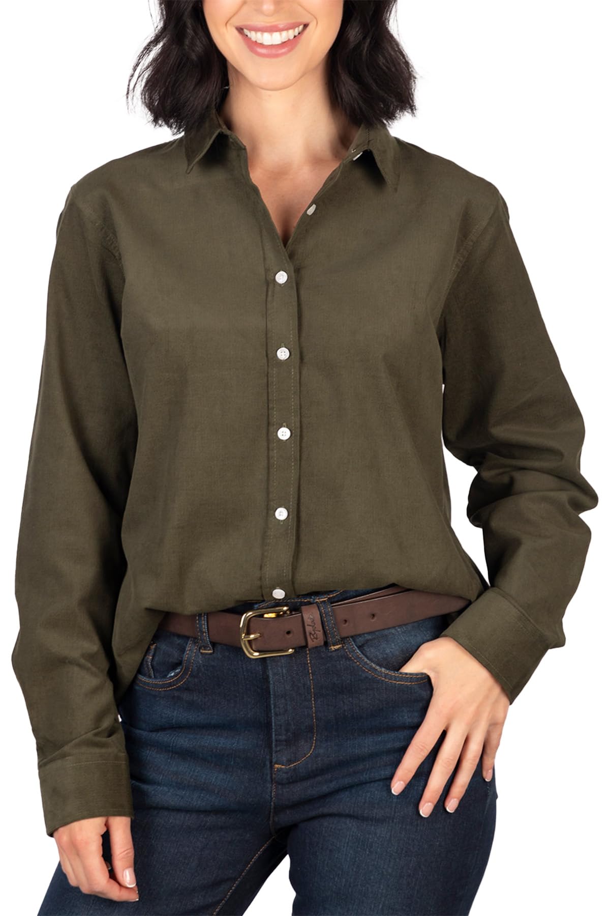 Rydale Women's Khaki Corduroy Shirt Cotton Long Sleeved Button Up Shirts Blouse (Uk, Numeric, 20, Regular, Regular, )