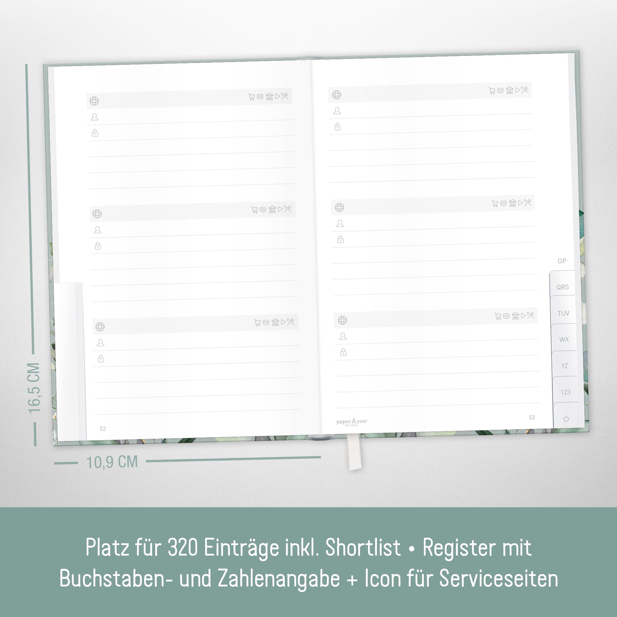 Paper&You® Password Book A6+ with Register A-Z "Minty Leaves" for 320 Access Data, Password Manager Small - Image 3