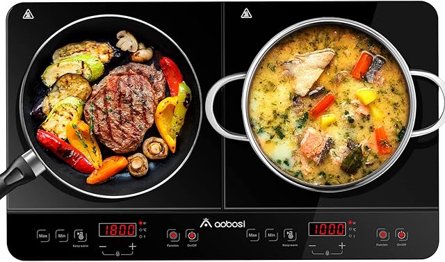 Aobosi Double Induction hob,Induction Cooker with Portable Black Crystal Glass Plate, Independent Control,One-click Max and Min Power Control 2800W,10 Temperature Setting,Safety Lock,4-Hour Timer