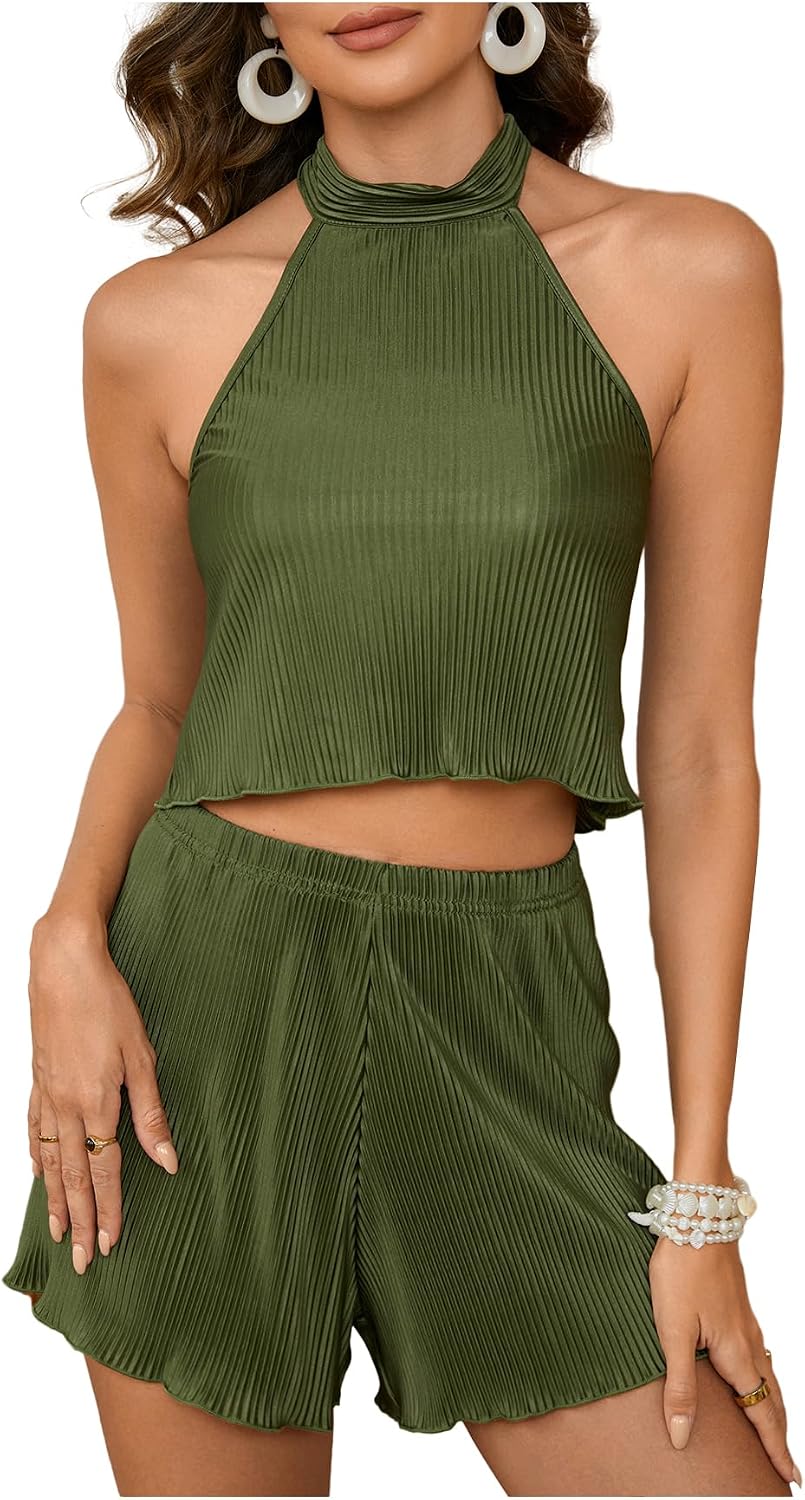 GORGLITTER 2 Piece Sets for Women Summer Crochet Textured Tie Back Crop Halter Tops and Shorts Set