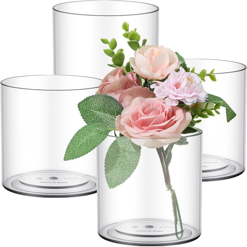 4 Pack Flower Acrylic Vase Cylinders Round Decorative Clear Vase Break Resistant Acrylic Flower Cylinder for Centerpieces Floral Home Wedding Table Decoration