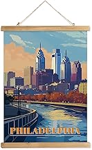 WREVERW Vintage Philadelphia Poster Canvas Print with Wooden Hanger Frame, Featuring Skyline and Schuylkill River, Wall Art for Home and Office Decor, 16x23 inches