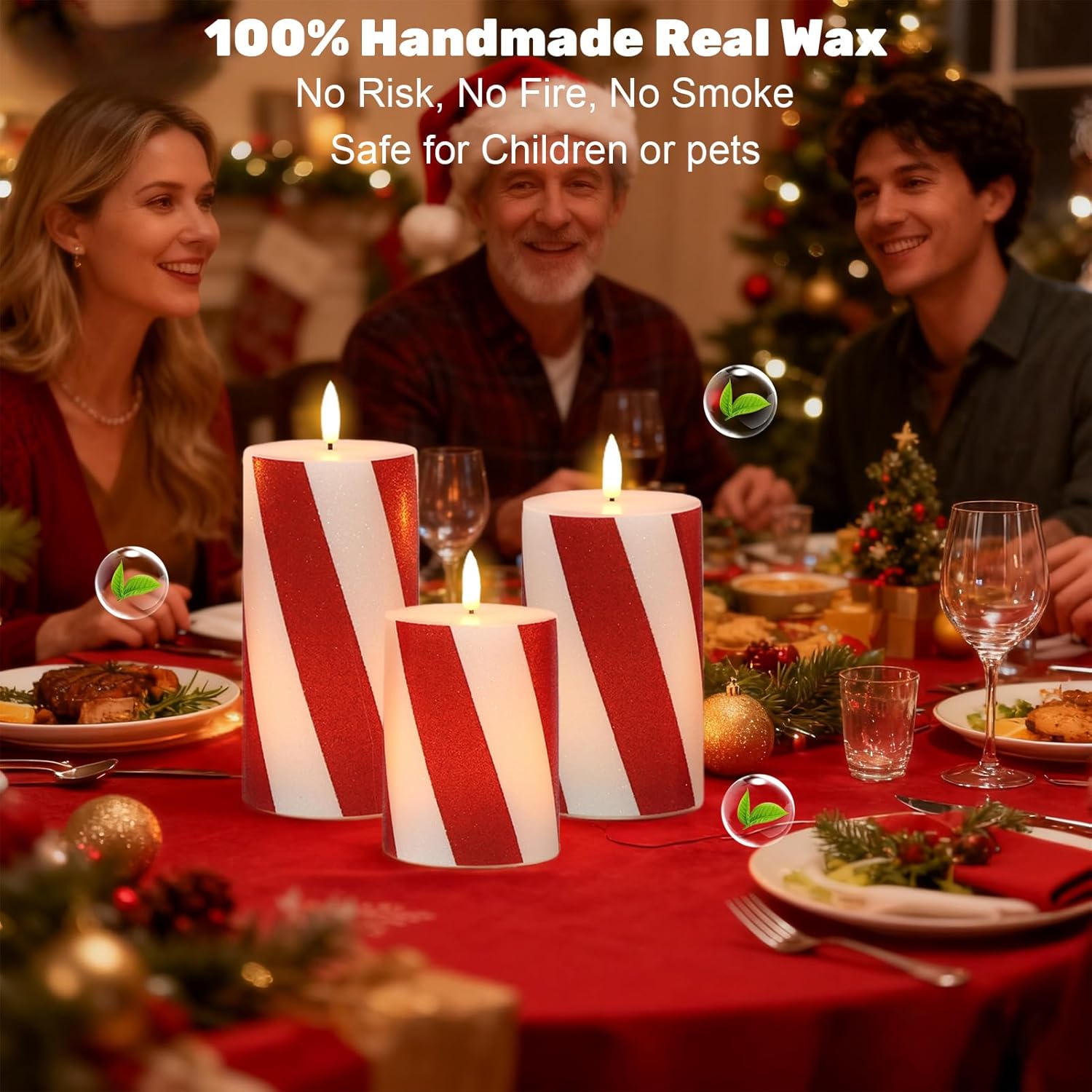 Wondise Christmas Red Stripes Glitter Flickering Flameless Candles with Remote Timer, Battery Operated Pillar Candles Real Wax LED Candles for Home Christmas Decoration Gift(D3 x H4 x5 x6)
