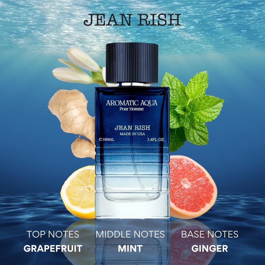 Jean Rish Aromatic Aqua Perfume for Men, Eau de Toilette (3.4 Fl Oz / 100ml) with Lemon, Jasmine & Cedar Notes - Long Lasting and Luxury Fragrance