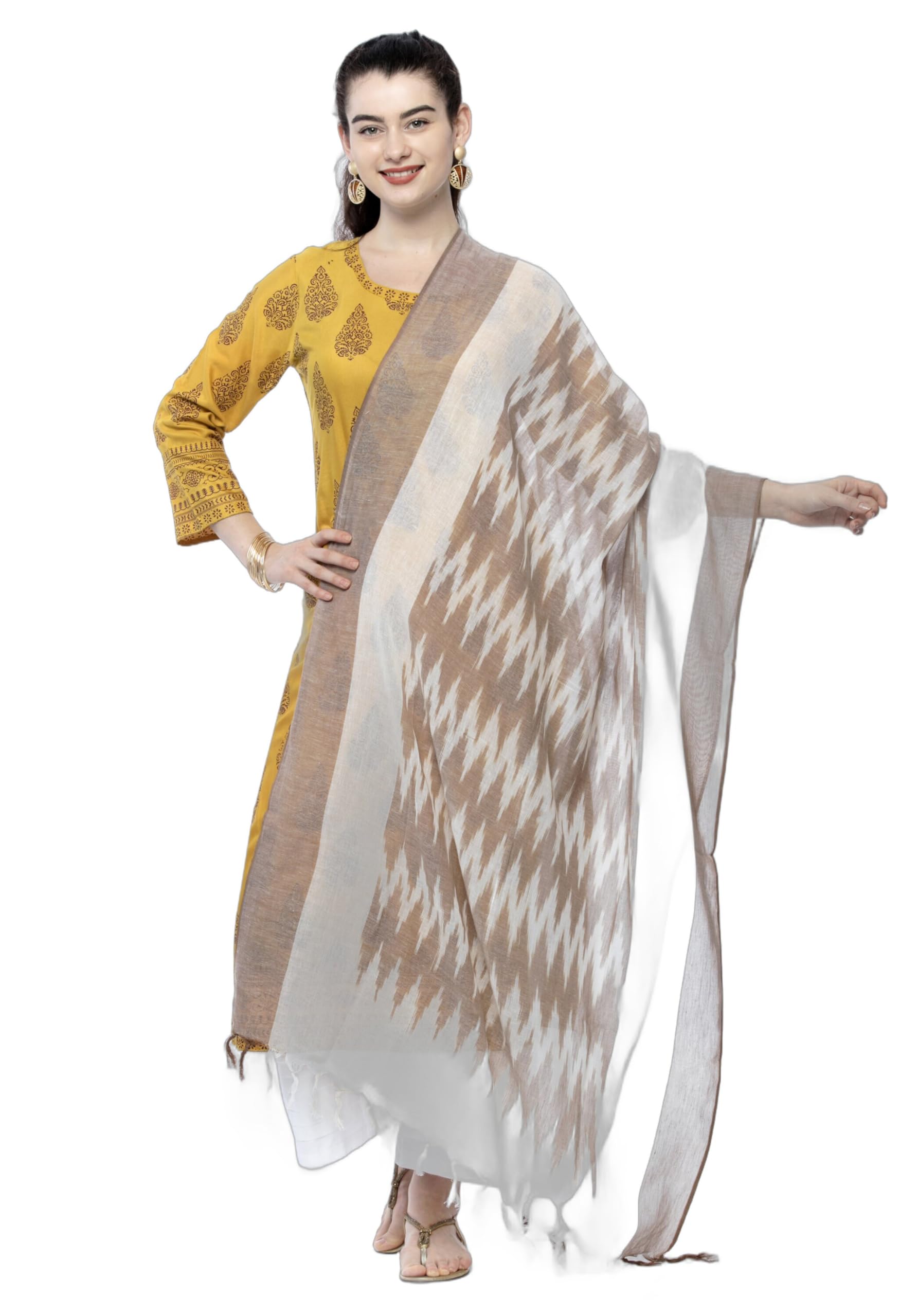 Women's Brown Woven Design Pure Cotton Ikat Dupatta, Pack of 1, MFD0207-image-30