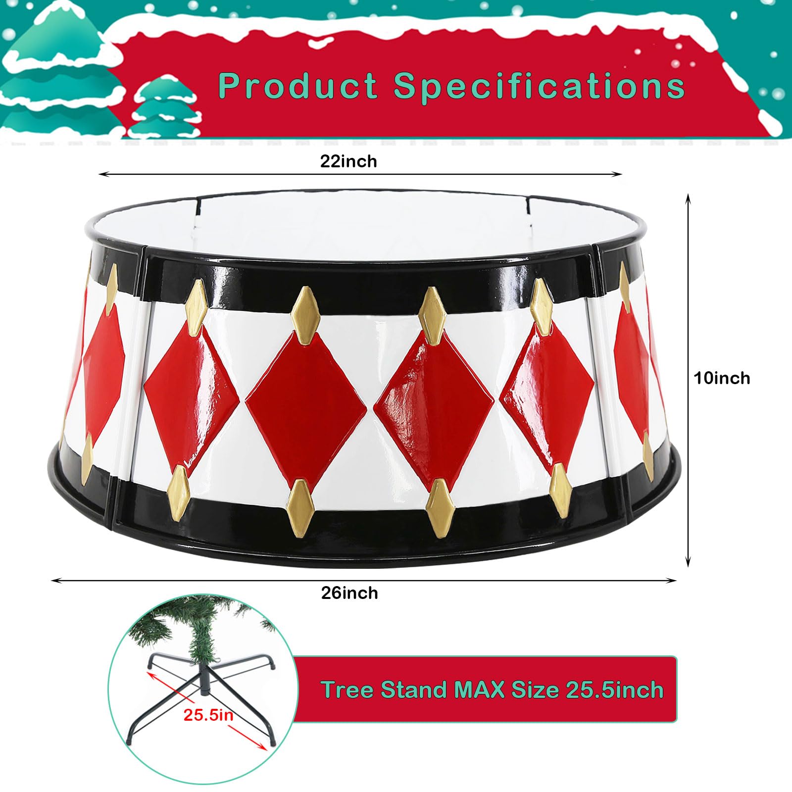 MINHOU-MINFEI Metal Christmas Tree Collar, 26 in Round Christmas Tree Base Collar for Artificial Tree Decorations (Black White Red Gold Drum Style)