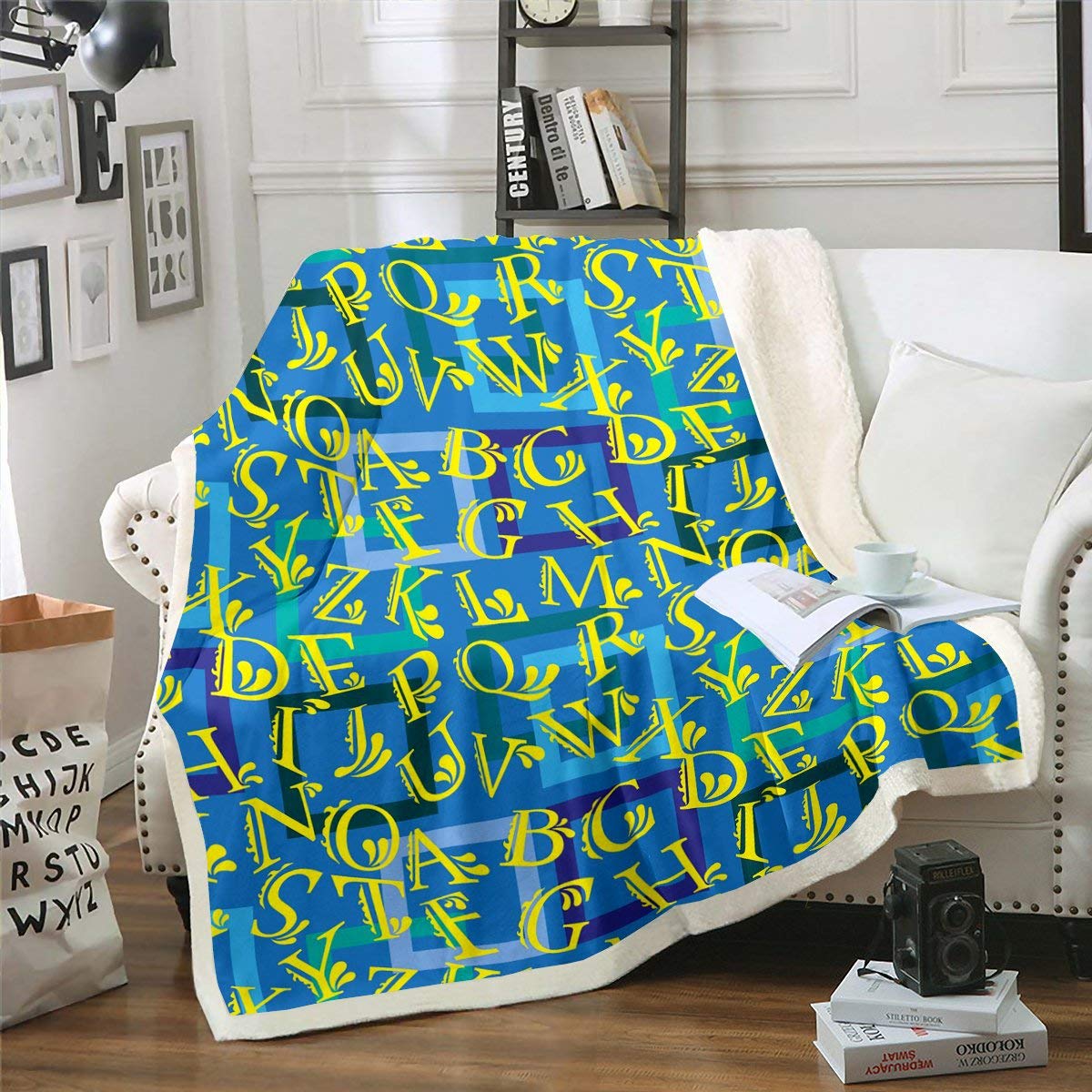 Loussiesd Letters Plush Blanket Yellow Letters Pattern Sherpa Blanket Blue Square Geometric Fleece Throw Blanket For Kids Adults Simple Modern Fuzzy Blanket for Sofa Bed, Ultra Soft Baby 30x40 Inch