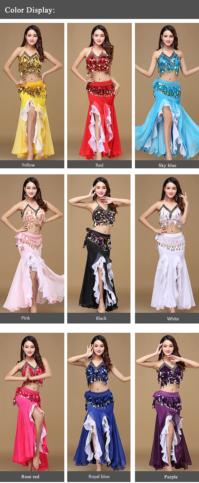 Belly Dance Costume Set for Women Belly Dance Crop Top Bra and Hip Scarf Slit Dance Skirt Halloween Outfit