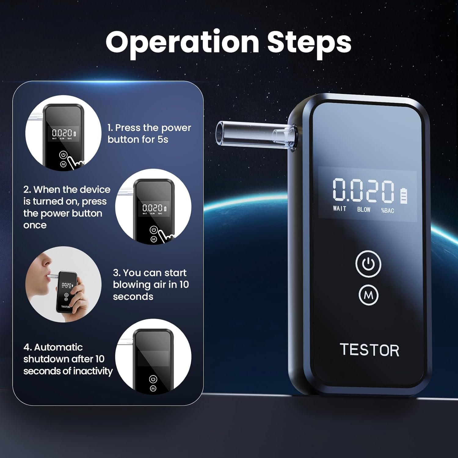 Alcoholimetro, Alcoholimetro Homologado Digital con Pantalla LCD Azul, Detector Profesional del Nivel de Alcohol con Gran precisión para uso personal y profesional, 8 boquillas Reutilizables【Negro】 - 5