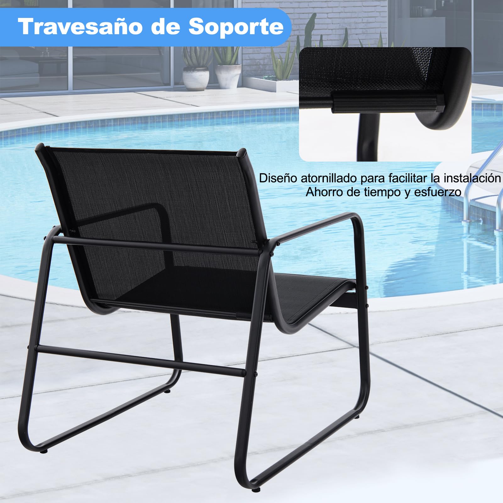COSTWAY Conjunto Mesa y Sillas Jardin 3 Piezas, Conjunto Jardin Exterior Mesa y Sillas, 2 Siilas de Tela Transpirable y 1 Mesa Encimera de Vidrio Templado,Terraza Balcón (Negro)