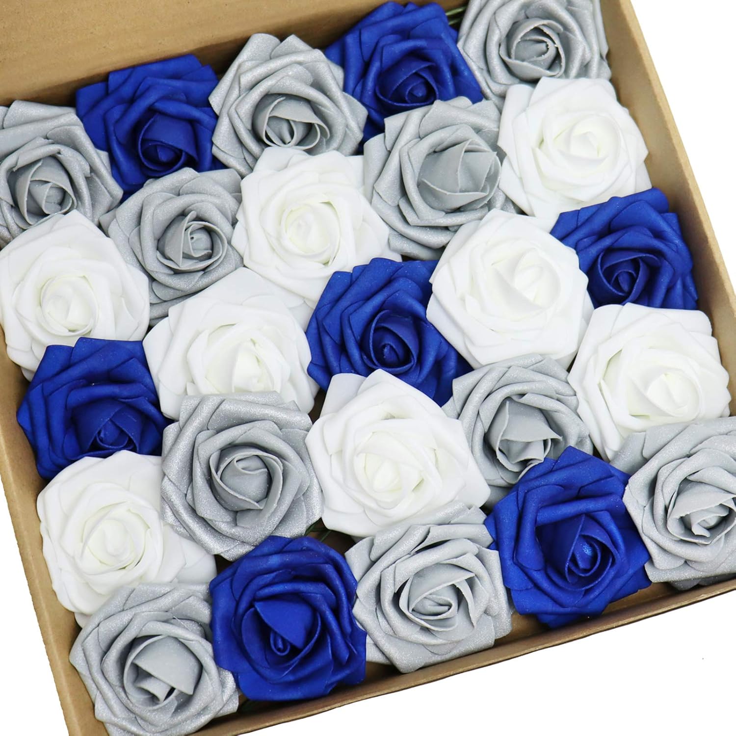 D-Seven 50pcs Artificial Flower White & Silver Gray & Royal Blue Roses with Stem for DIY Wedding Bouquets Floral Arrangements Wedding Flower Backdrop Bridal Shower Baby Shower Party Home Decor