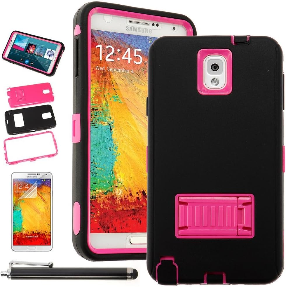 E LV Dual Layer Armor Defender Case for Samsung Galaxy Note 3 N7200 / N9000 AT&T, Verizon, Sprint, T-Mobile, International Unlocked - Hot Pink