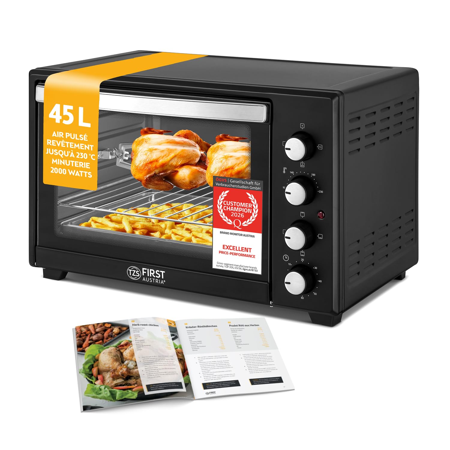 TZS First Austria - Mini-Four 45L 2000W - Four à pizza avec température jusqu'à 230°C et revêtement antiadhésif - Avec minuteur de 60 min, 4 hauteurs d'insertion, plaque, grille & tournebroche rotatif