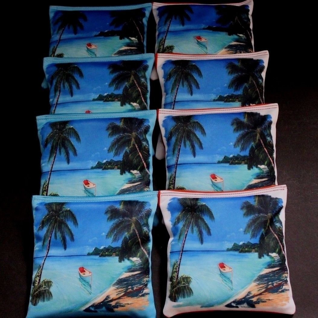 BackYardGamesUSA Tropical Paradise Island Beach Palm Trees Set of 8 Regulation Cornhole Bean Bags B150