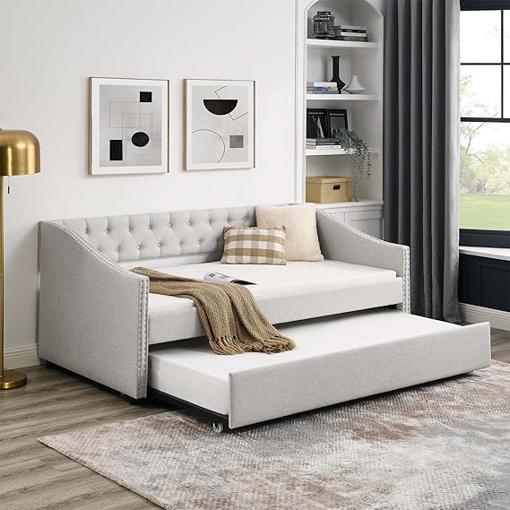 Antetek Daybed with Trundle, Modern Linen Upholstered Twin