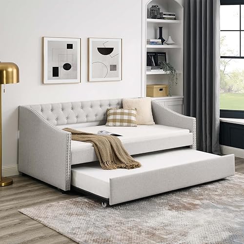 Antetek Daybed with Trundle, Modern Velvet Upholstered Twin Size Day Bed Button-Tufted Sofa Daybed Frame and A Trundle, No Box Spring Needed, Furniture for Bedroom Living Room Guest Room (Beige, Twin)