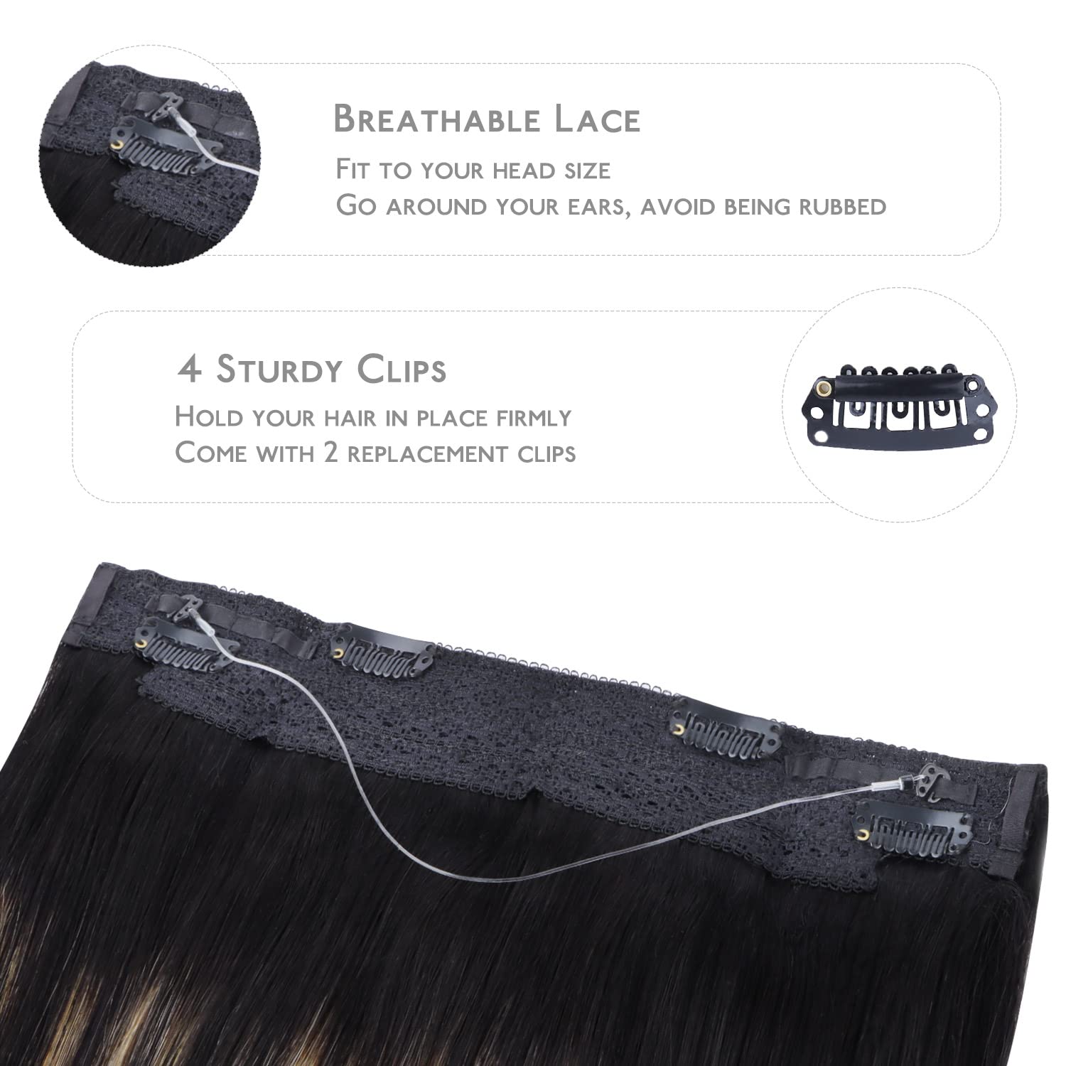 WENNALIFE Wire Hair Extensions Real Human Hair 16 inch 95g Natural Looking Easy to Apply Reusable for Volume and Length Black to Light Blonde Remy Hair Extensions Invisible Transparent Wire Real