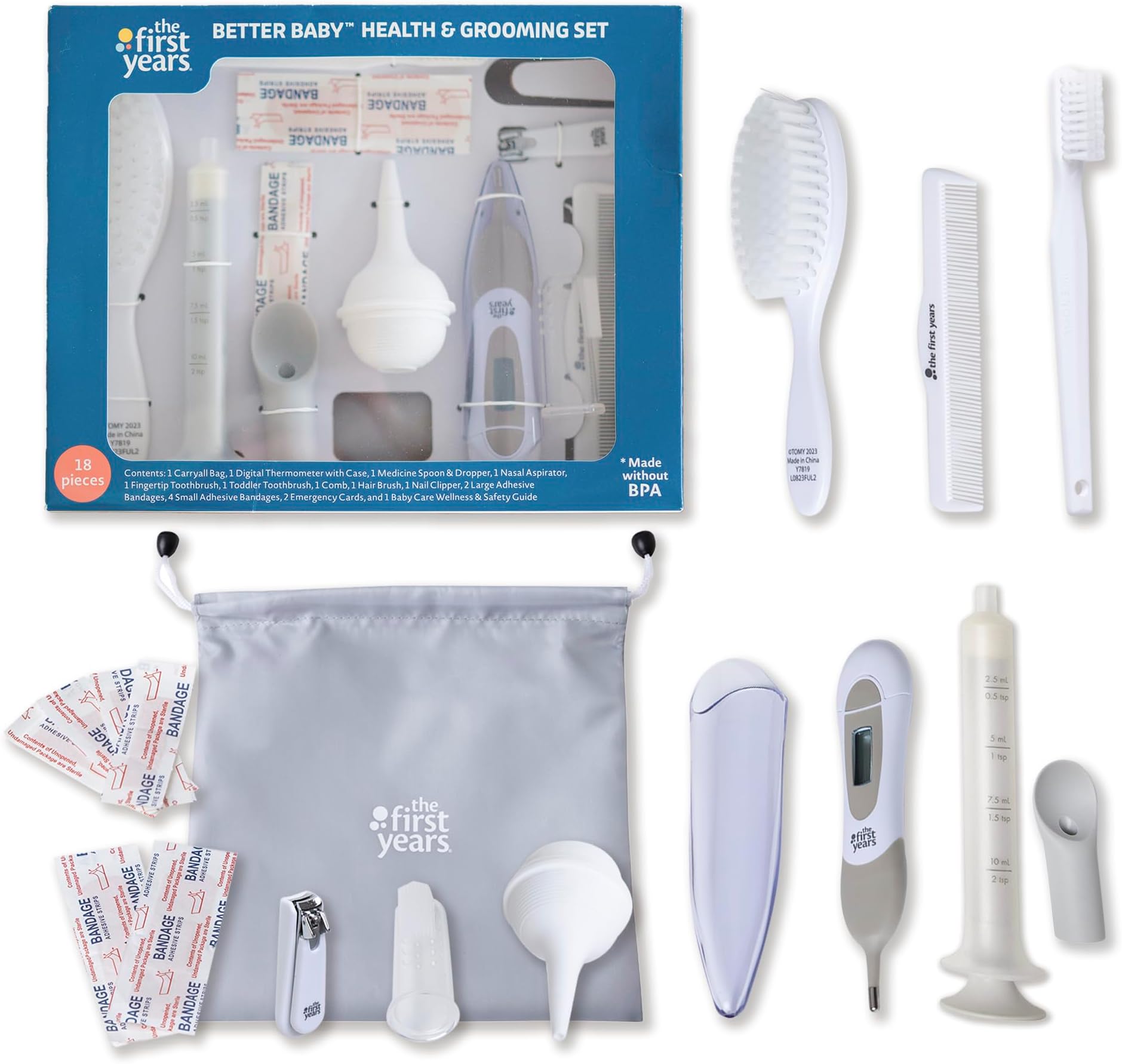 The First Years Better Baby Healthcare and Grooming Kit - Baby Care Products Including Baby Nail Clippers, Baby Brush, Infant Thermometer and More with Travel Tote - Diaper Bag Essentials - 18 Pieces
