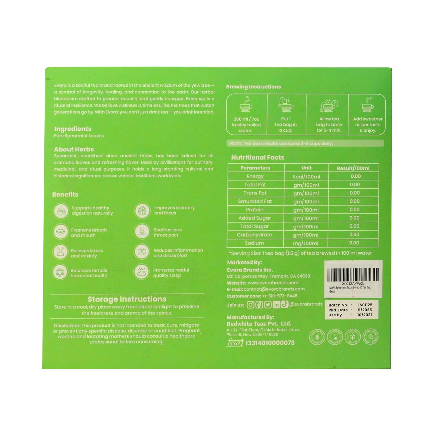 EVORA Spearmint Tea for Hormonal Balance & PCOS Support – Pure Dried Spearmint Leaves for Clear Skin & Digestion – Caffeine Free, Non-GMO – Double Chambered 60 Tea Bags