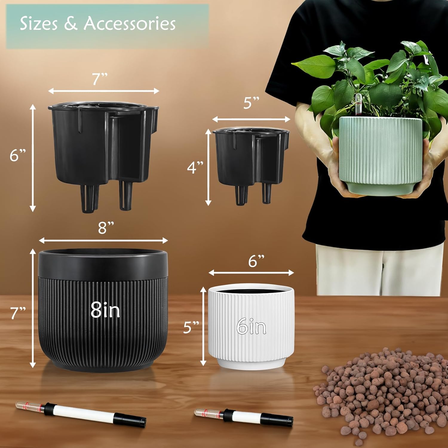 Ceramic Self Watering Pots for Indoor & Outdoor Plants, 6IN Water Level Indicator, Drainage Hole, Large Plant Pot for Easy Care, Flower Pots for Pothos Violets (White)