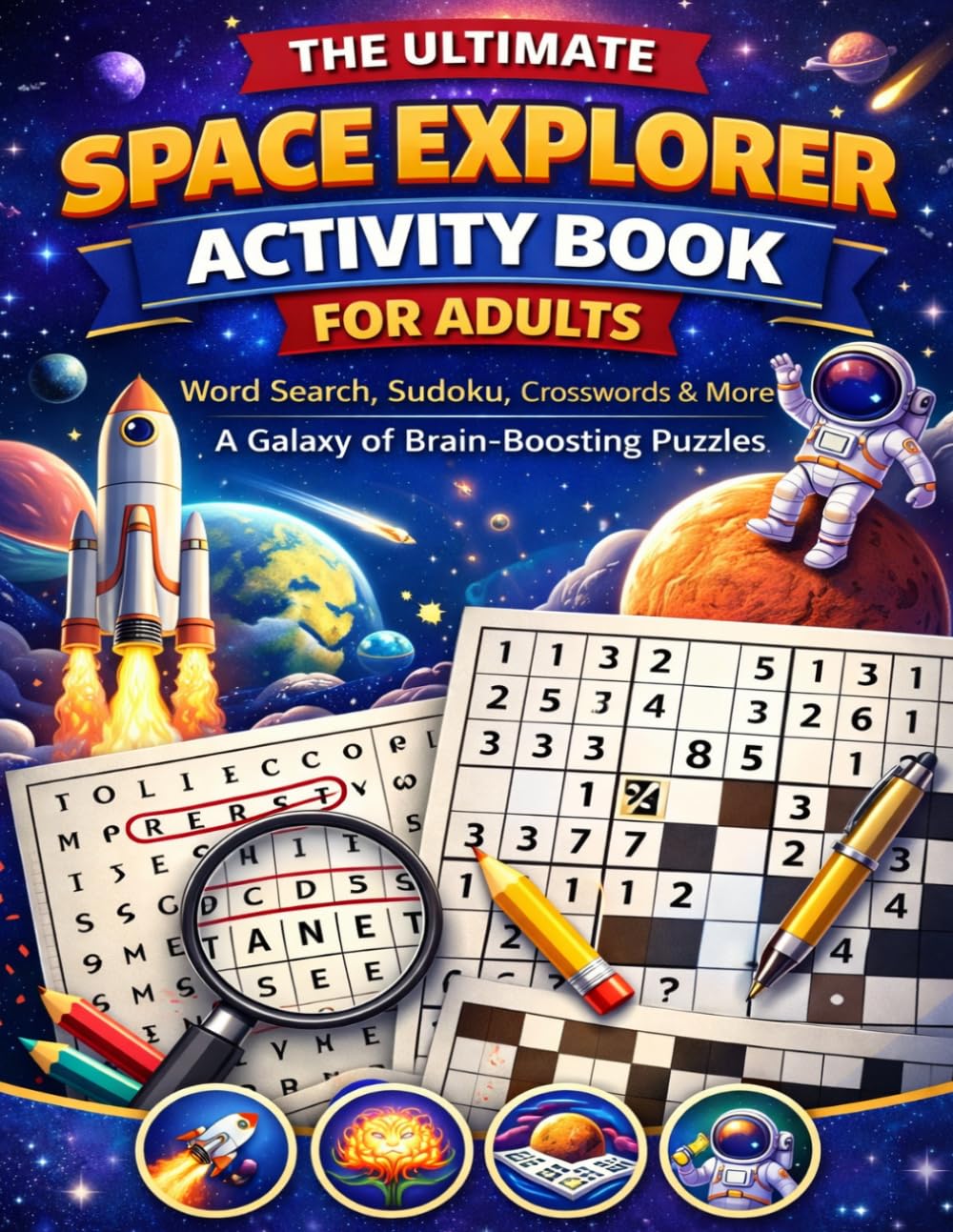 The Ultimate Space Explorer Puzzle Book for Adults: 120 Word Search, Sudoku & Crossword Puzzles – A Galaxy of Brain-Boosting Challenges