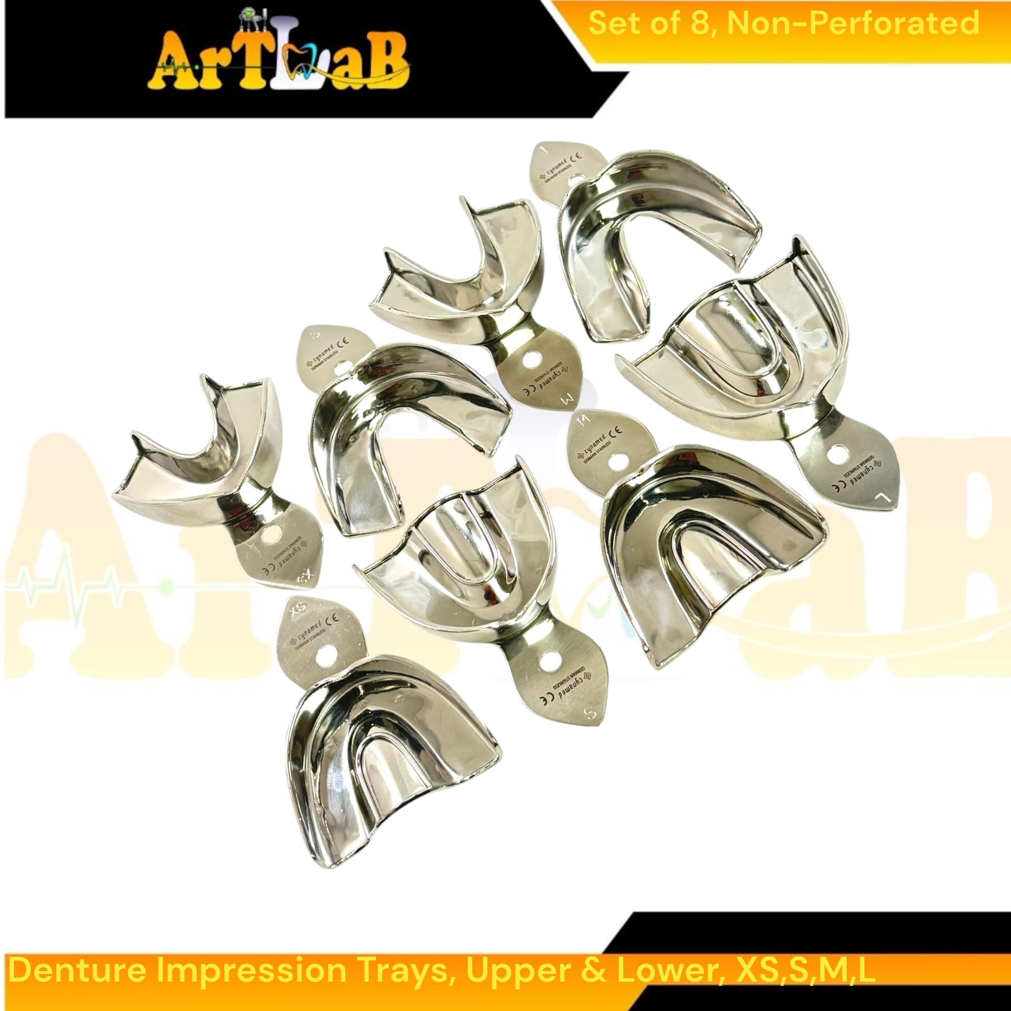 Denture Impression Tray Kit of 8pcs | Lower & Upper Trays, Solid Non-Perforated Style | Extra-Small, Small, Medium, and Large Sizes | German Stainless Steel Lab Tools
