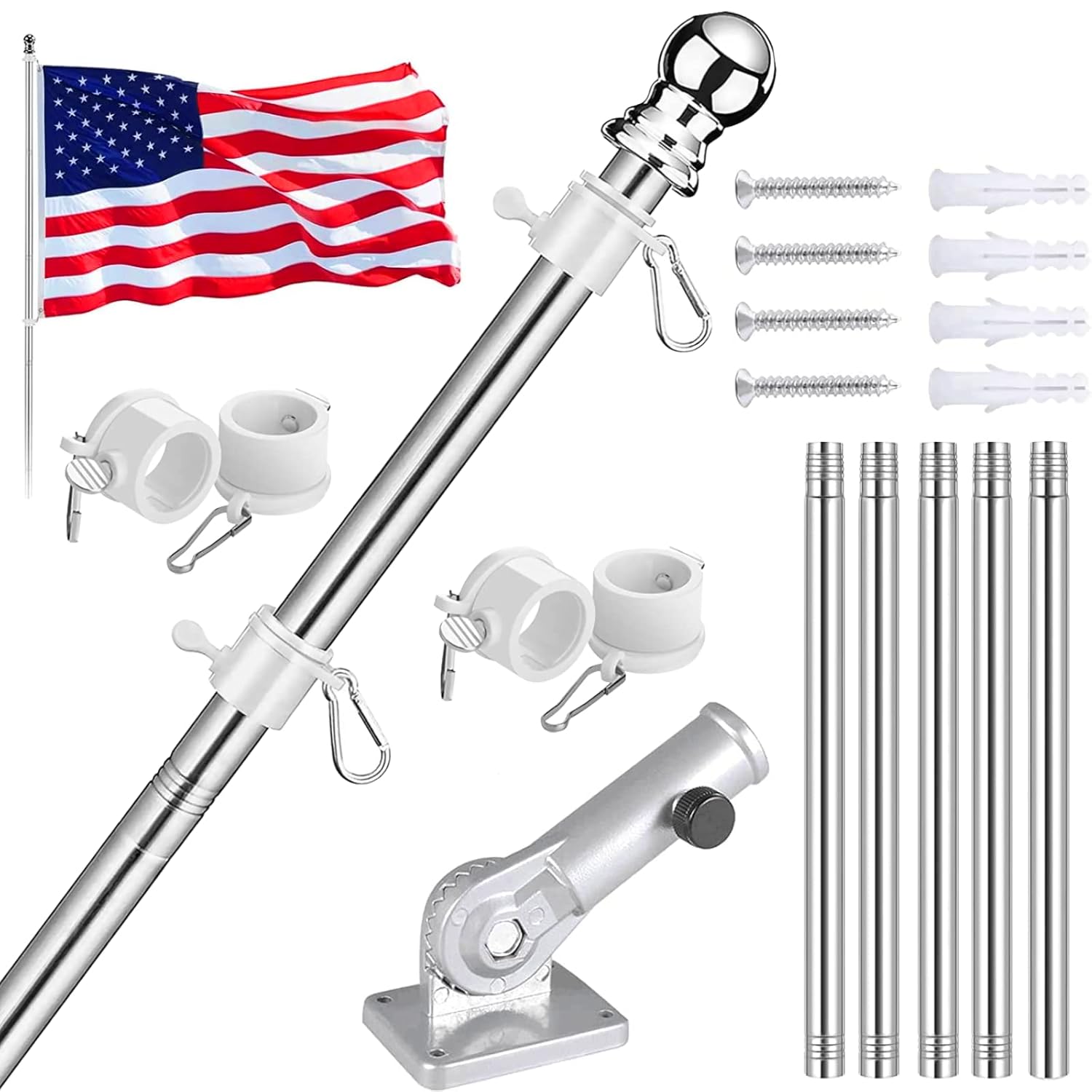 6FT Flag Pole Kit Flag Poles for Outside with 180 Degree Adjustable