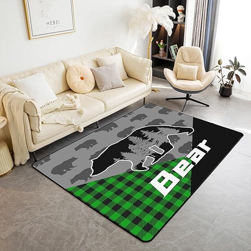 jejeloiu Tapete de interior de oso de 5 x 7 pies, diseño de animales salvajes, verde, gris, negro, alfombra de sala de estar para niños, alfombra