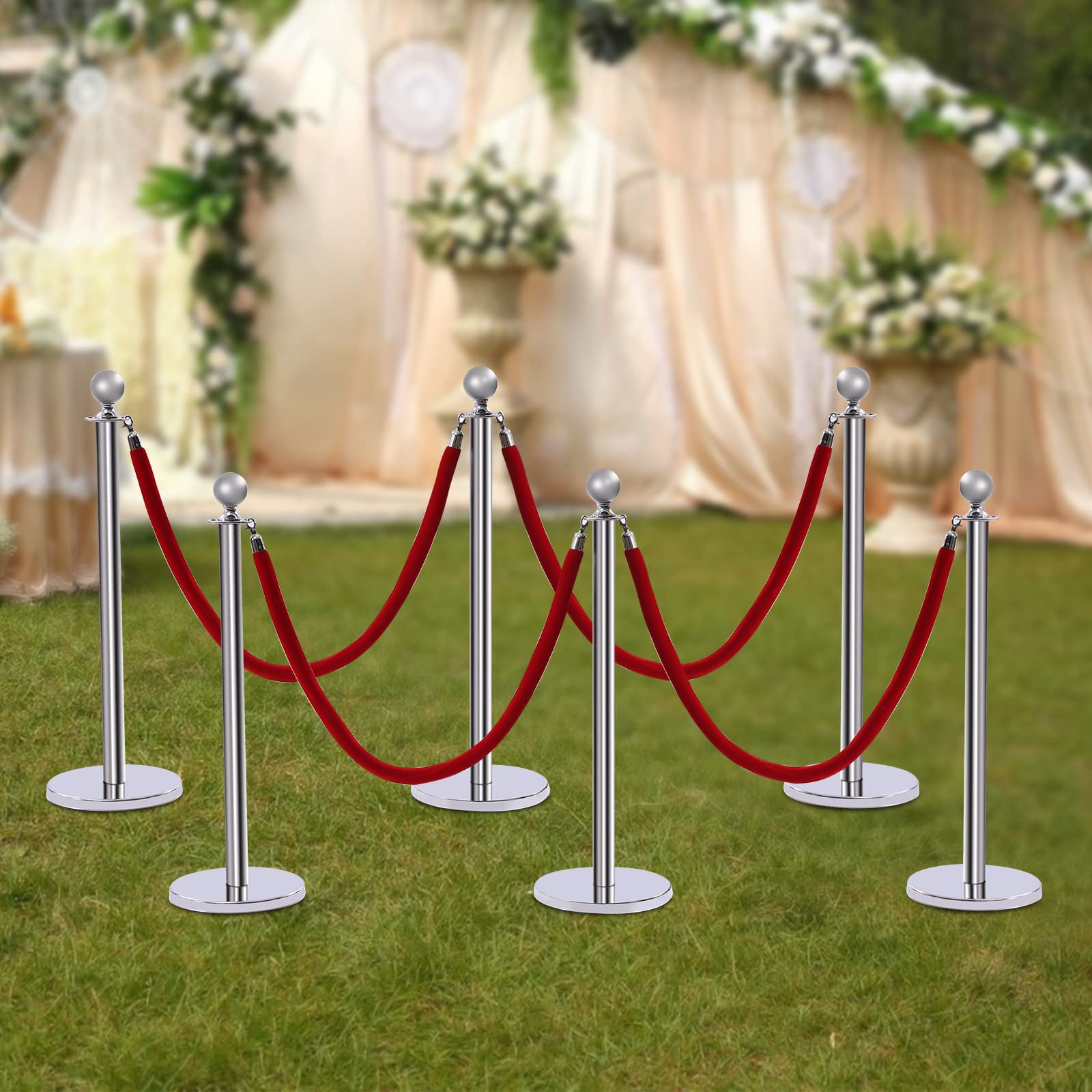 6 PCS Crowd Control Stanchions - Stainless Steel Material Rope Safety Barriers - 40-Inch Silver Stanchions - 5 FT Red Velvet Ropes - Safety Barrier Stands & Line Dividers