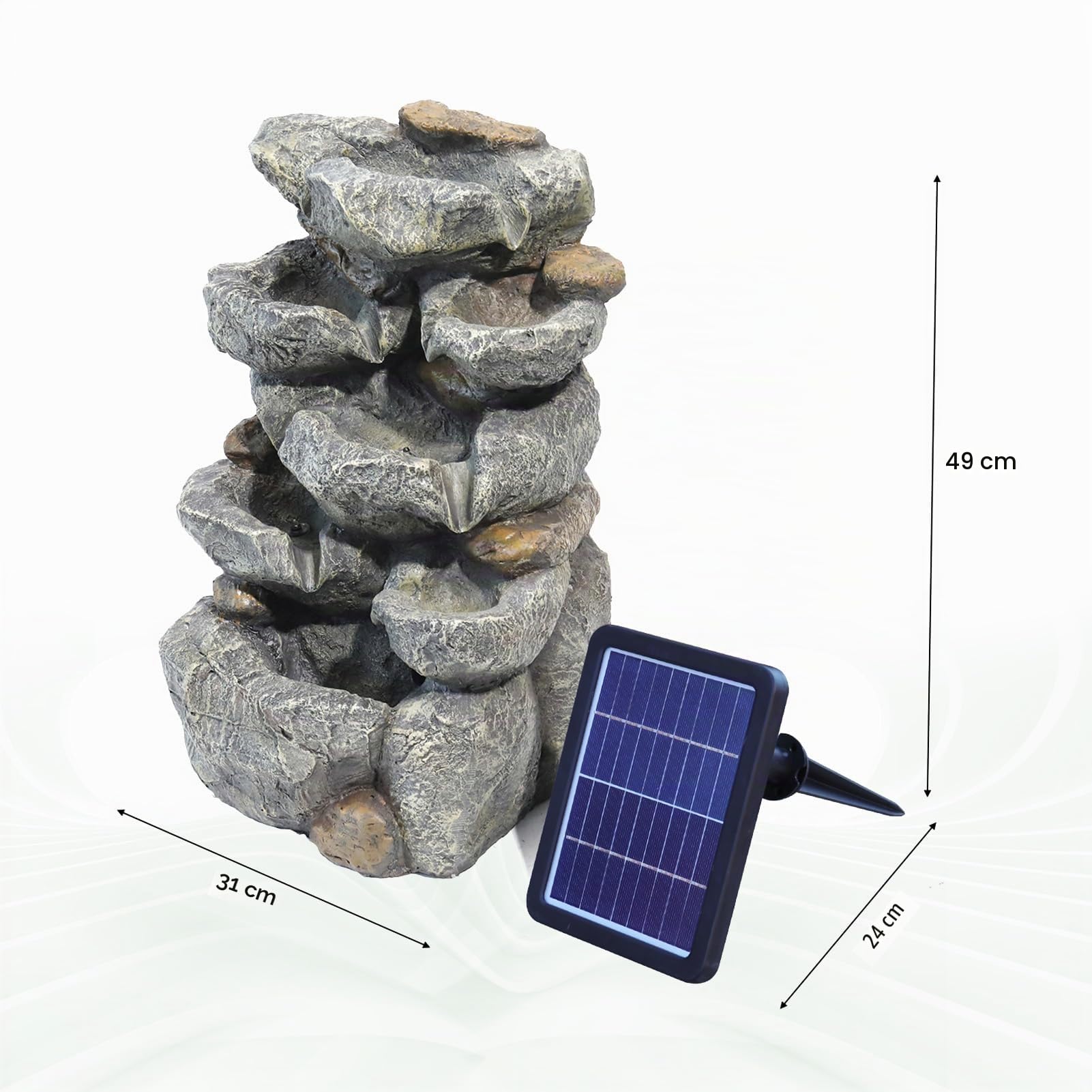 Warmiehomy Solar Springbrunnen Kaskaden-Zimmerbrunnen Wasserfall mit LED-Licht, Solarbrunnen für Draussen, Solar Gartenbrunnen für Außen, Wasserspiel für Garten Balkon