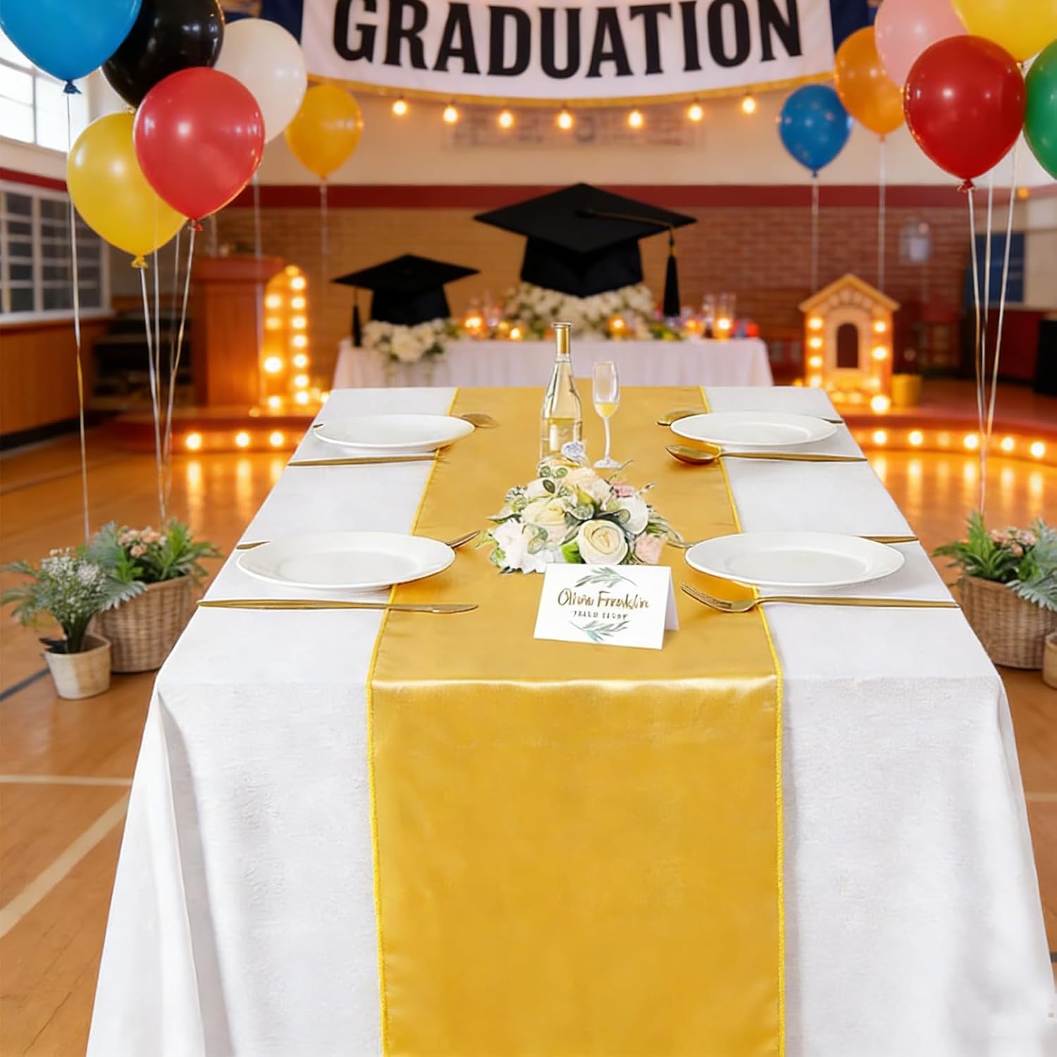 12 Pack Graduation Table Runners, 12 x 108 Gold Black Disposable Long Table Cloth, Rectangle Smooth Tabletop Centerpiece for Class of 2026 Prom and Grad Party Decor
