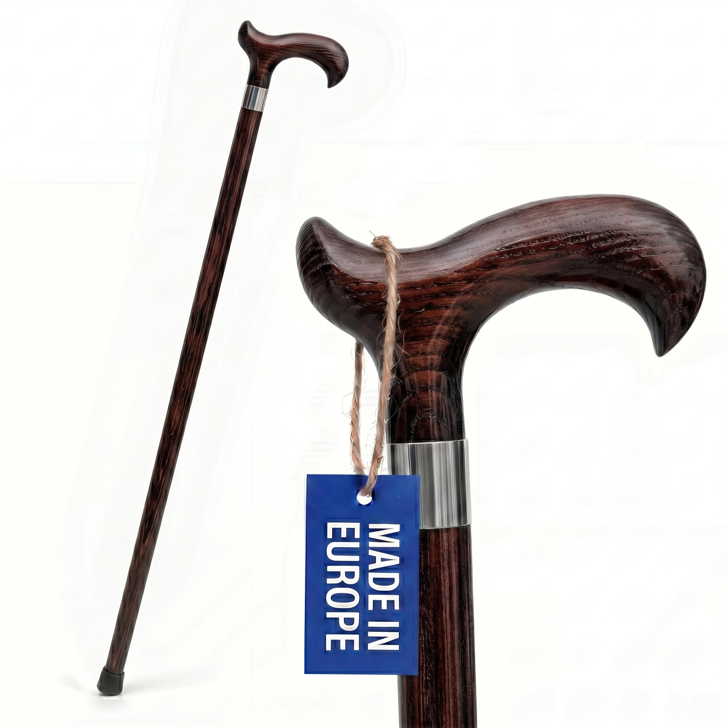 Dr. Watson Classic Derby Walking Stick – Handcrafted Ash Wood Cane with Polished Stainless Steel Collar