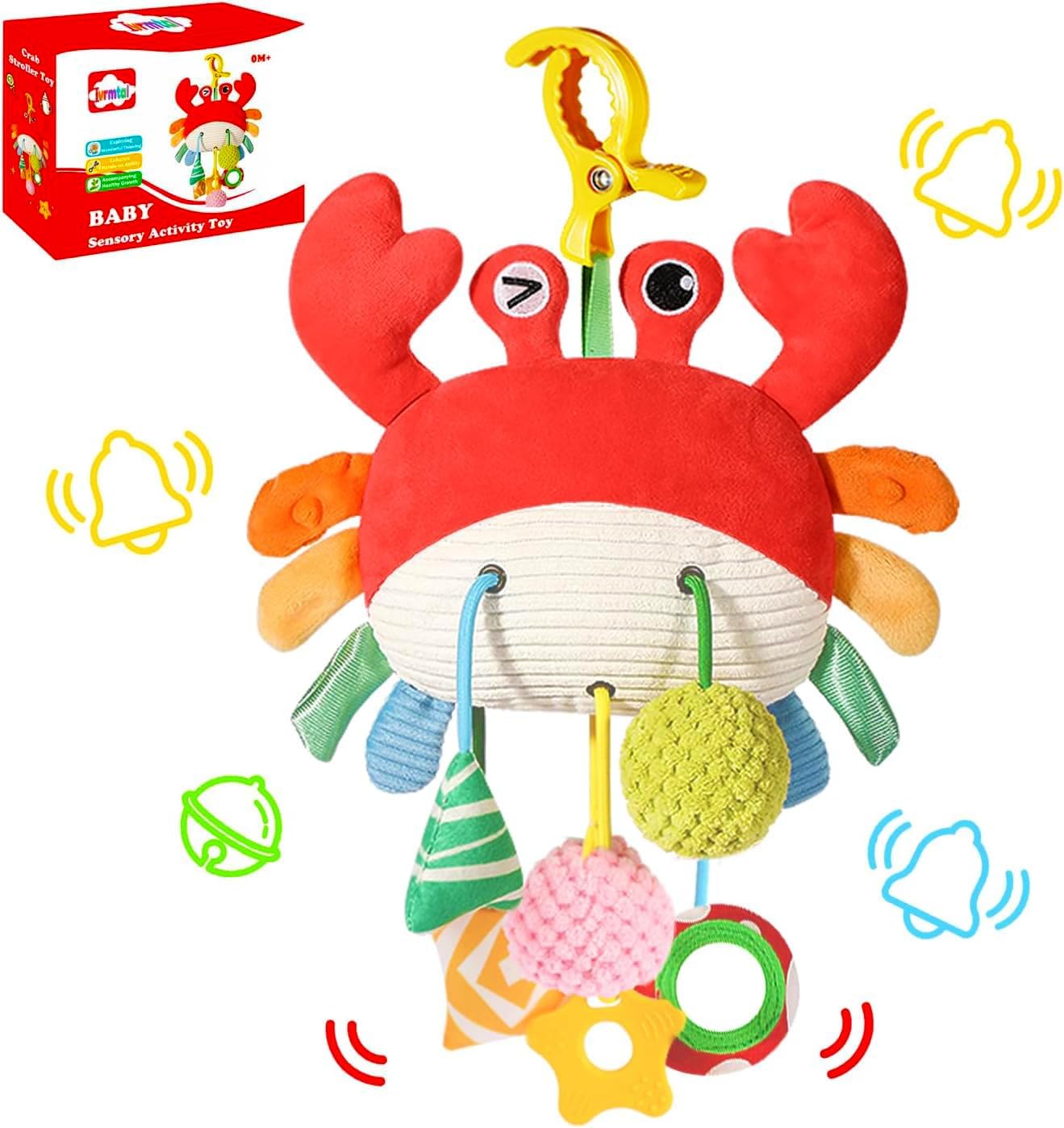 Car Seat Toys for Babies 0-6 Months, Carseat Toys Hanging with Clamp, Mirror, Bell, Rattles, Crinkle, Baby Crab Stroller Toy for Infant Boys & Girls