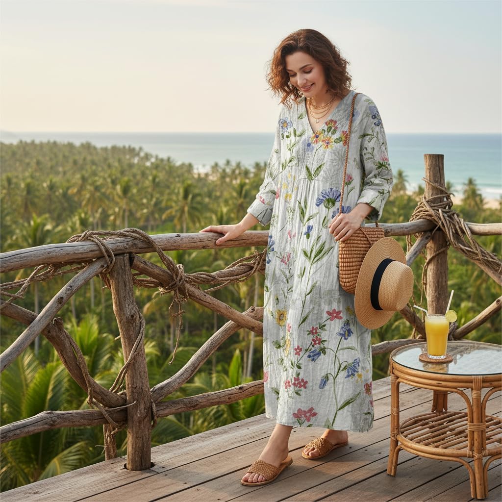 Akivide Women's V Neck Boho Floral Linen Maxi Dress Casual Plus Size Long Sleeve Beach Vacation Tunic Dresses with Pockets - Image 5