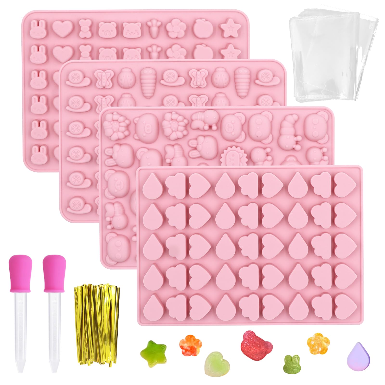 4PCS Silicone Gummy Sweet Moulds, Small Candy Mould with 2 Dropper, Mini Animal Jelly Mould, Food Grade, Nonstick Gummy Molds for Candies, Fondant, Ice Cube
