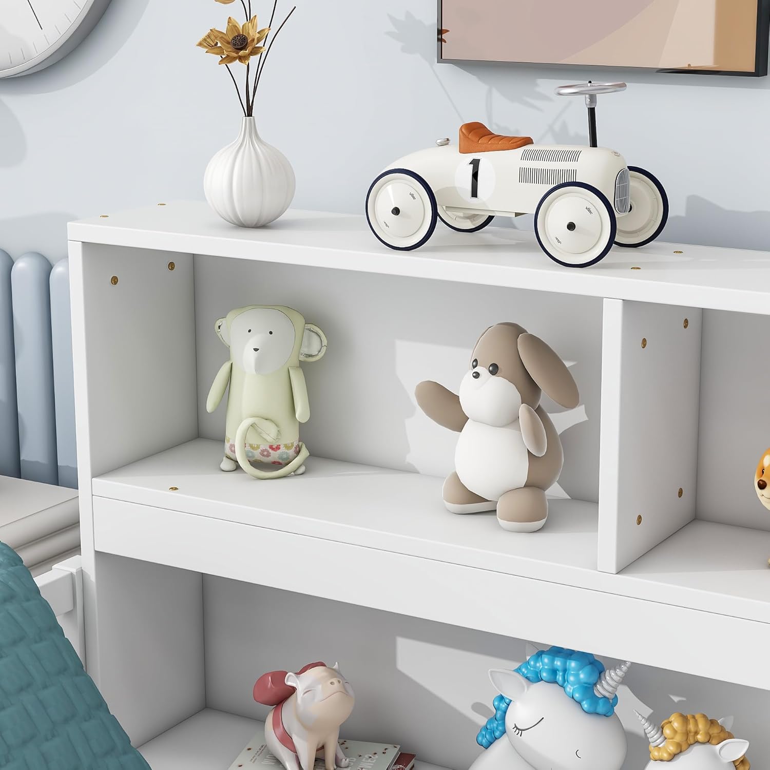 Full Size Floor Bed,Montessori Floor Bed with Bedside Bookcase and Shelves,Toddler Bed with Guardrails for Kids,Girls,Boys (White, Full)