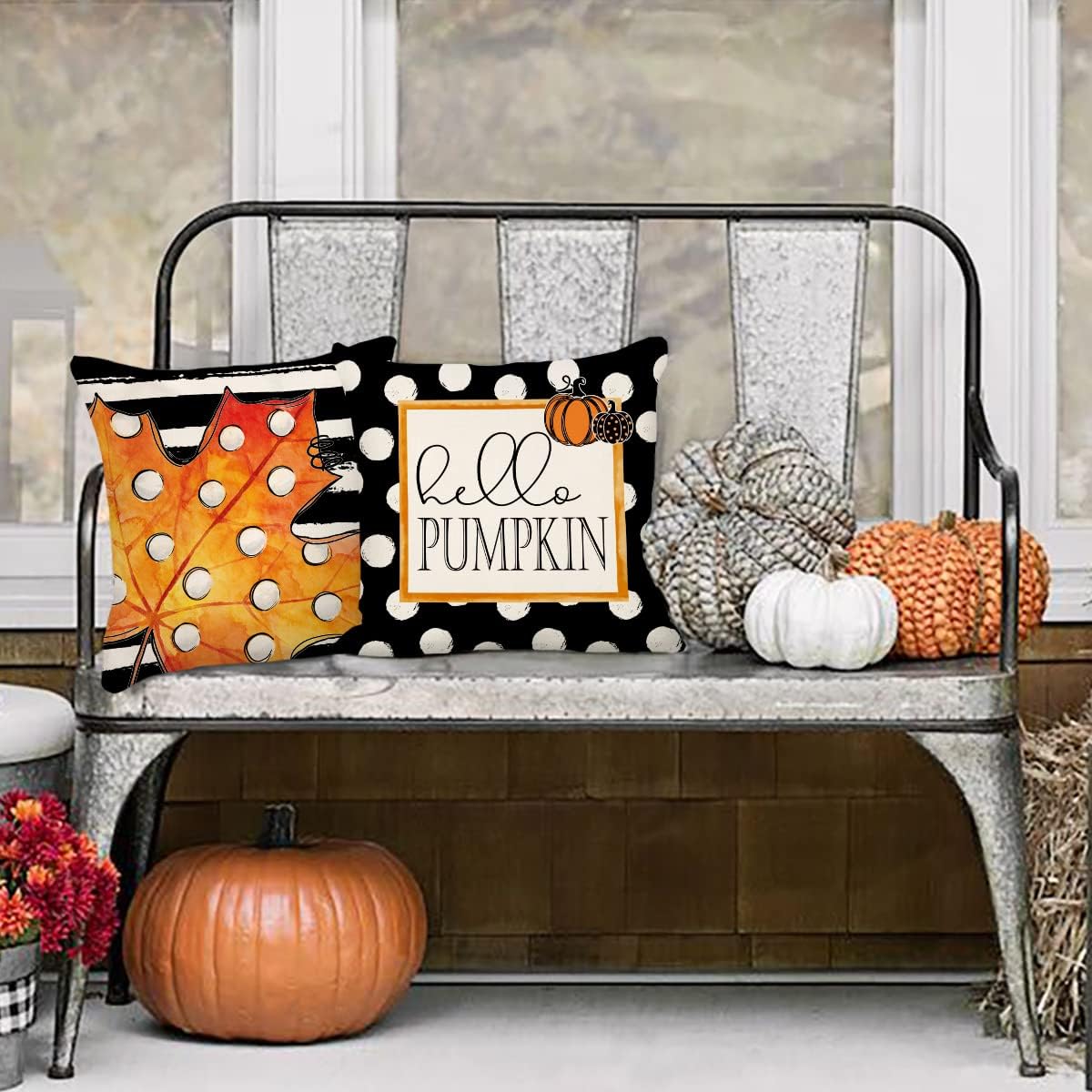 4TH Emotion Fall Decor Pillow Covers 16x16 Set of 4 Polka Dot Pumpkin Farmhouse Decorations Stripe Maple Leaves Happy Harvest Throw Cushion Case for Fall Thanksgiving Home Decorative Pillows S22F19