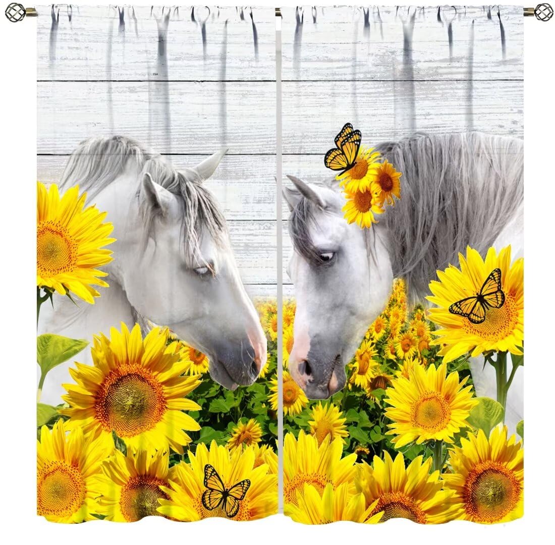 DDCBNS Sunflower Curtains,White Horse Butterfly Print Window Treatments for Bedroom Living Room Kitchen Rustic Flower Funny Animal Drapes 2 Panels Set